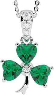 Diamond Emerald Silver Shamrock Necklace