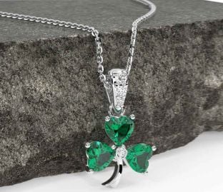Diamant Smaragd Bílý Zlato Trojlístek Náhrdelník