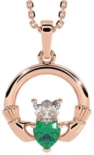 Diamond Emerald Rose Gold Silver Claddagh Necklace