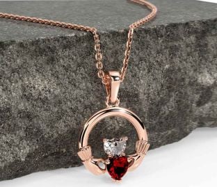 Diamond Garnet Rose Gold Silver Claddagh Necklace