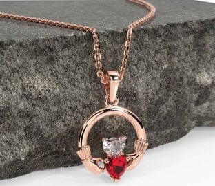 Diamond Ruby Rose Gold Silver Claddagh Necklace