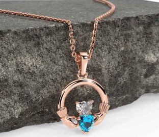 Diamond Topaz Rose Gold Silver Claddagh Necklace