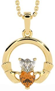 Diamond Citrine Gold Silver Claddagh Necklace