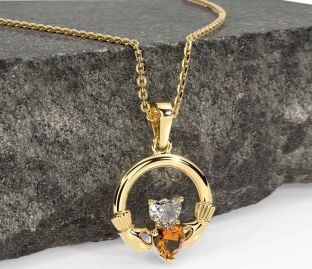 Diamond Citrine Gold Silver Claddagh Necklace