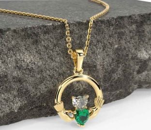 Diamant Smaragd Gull Sølv Claddagh Halskjede