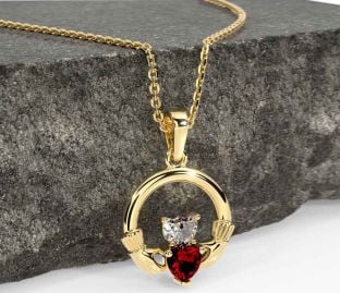 Diamond Garnet Gold Silver Claddagh Necklace