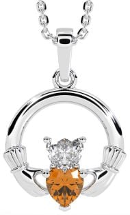 Diamond Citrine Silver Claddagh Necklace