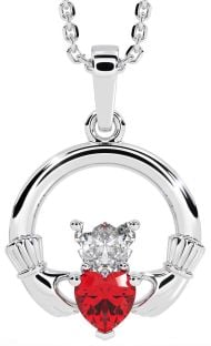 Diamond Ruby Silver Claddagh Necklace