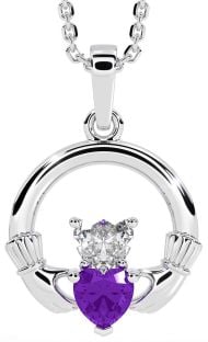 Diamond Amethyst White Gold Claddagh Necklace