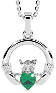 Diamond Emerald White Gold Claddagh Necklace