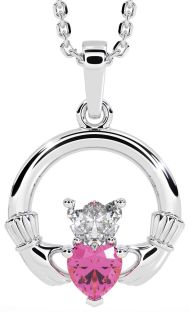 Diamond Pink Tourmaline White Gold Claddagh Necklace