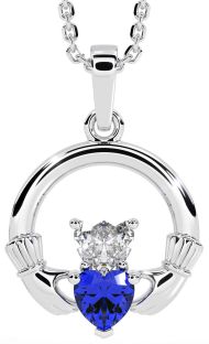 Diamond Sapphire White Gold Claddagh Necklace