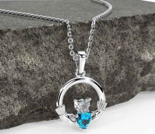 Diamond Topaz White Gold Claddagh Necklace