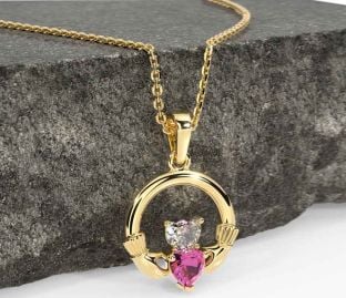 Diamond Pink Tourmaline Gold Claddagh Necklace