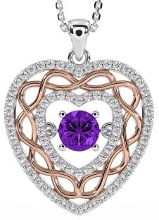 Diamond Amethyst Rose Gold Silver Celtic Heart Necklace