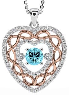 Diamond Aquamarine Rose Gold Silver Celtic Heart Necklace