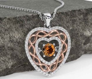 Diamond Citrine Rose Gold Silver Celtic Heart Necklace