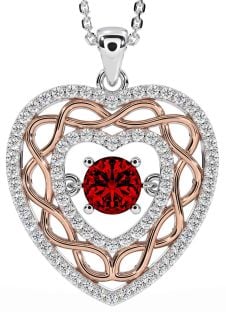 Diamond Garnet Rose Gold Silver Celtic Heart Necklace