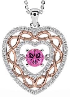 Diamond Pink Tourmaline Rose Gold Silver Celtic Heart Necklace