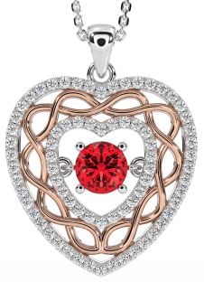 Diamond Ruby Rose Gold Silver Celtic Heart Necklace