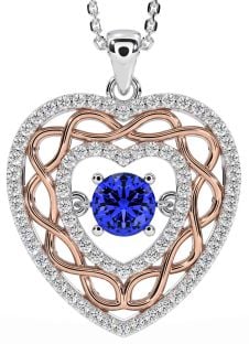 Diamond Sapphire Rose Gold Silver Celtic Heart Necklace