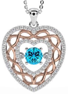 Diamond Topaz Rose Gold Silver Celtic Heart Necklace