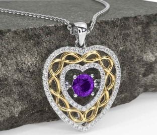Diamond Amethyst Gold Silver Celtic Heart Necklace