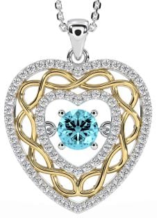 Diamond Aquamarine Gold Silver Celtic Heart Necklace