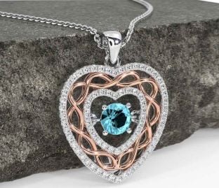 Diamond Aquamarine Rose Gold Silver Celtic Heart Necklace
