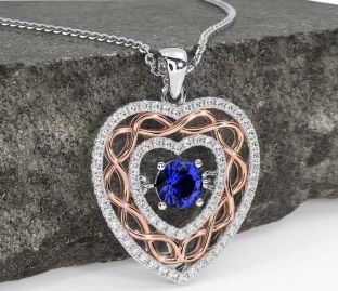 Diamond Sapphire Rose Gold Silver Celtic Heart Necklace