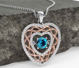 Diamond Topaz Rose Gold Silver Celtic Heart Necklace