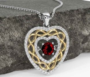 Diamond Garnet Gold Silver Celtic Heart Necklace
