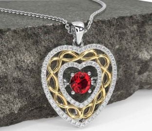 Diamant Rubín Zlato stříbrný keltský Srdce Náhrdelník