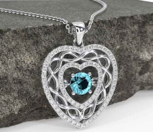Diamond Aquamarine White Gold Celtic Heart Necklace