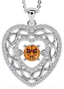 Diamond Citrine White Gold Celtic Heart Necklace