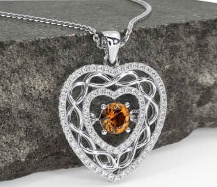 Diamond Citrine White Gold Celtic Heart Necklace