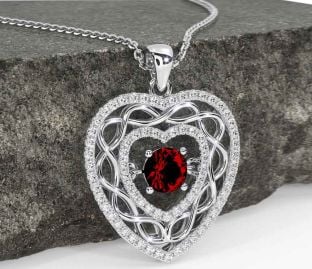 Diamond Garnet White Gold Celtic Heart Necklace