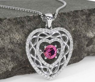Diamond Pink Tourmaline White Gold Celtic Heart Necklace