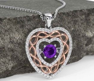 Diamond Amethyst White Rose Gold Celtic Heart Necklace