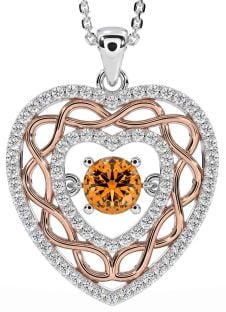 Diamond Citrine White Rose Gold Celtic Heart Necklace