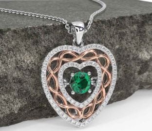 Diamond Emerald White Rose Gold Celtic Heart Necklace