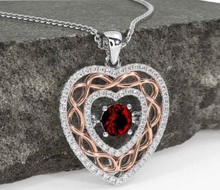 Diamond Garnet White Rose Gold Celtic Heart Necklace