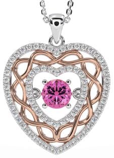 Diamond Pink Tourmaline White Rose Gold Celtic Heart Necklace