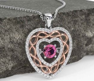 Diamond Pink Tourmaline White Rose Gold Celtic Heart Necklace