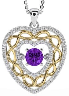 Diamond Amethyst White Yellow Gold Celtic Heart Necklace