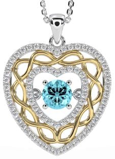 Diamond Aquamarine White Yellow Gold Celtic Heart Necklace