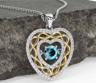 Diamond Aquamarine White Yellow Gold Celtic Heart Necklace