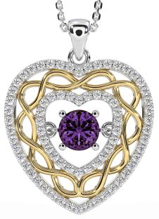 Diamond Alexandrite White Yellow Gold Celtic Heart Necklace