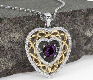 Diamond Alexandrite White Yellow Gold Celtic Heart Necklace