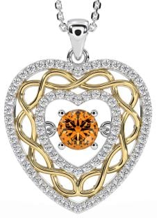 Diamond Citrine White Yellow Gold Celtic Heart Necklace